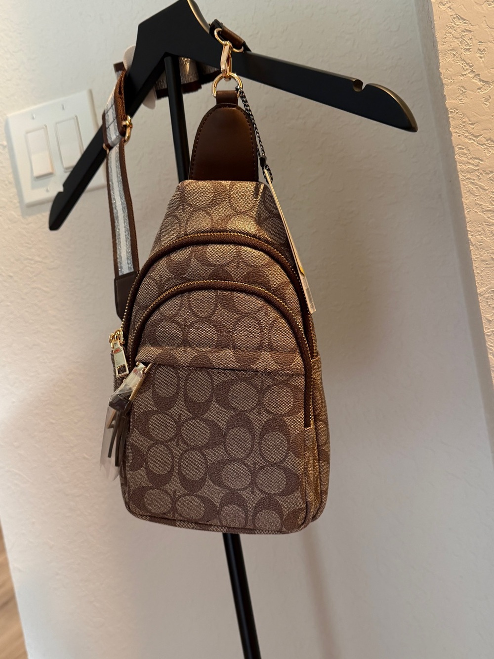 Classic Fashion Brown & Tan Signature Sling Bag. Un-Opened sealed.